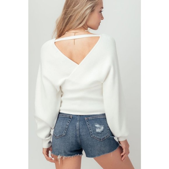 NEW White Wrap V Neck Dolman Sleeves Cozy Sweater - Picture 5 of 12